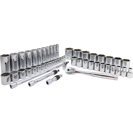 PROTO J47219 chrome socket set with ratchet, extension bars, and various socket sizes, front angle on white background.