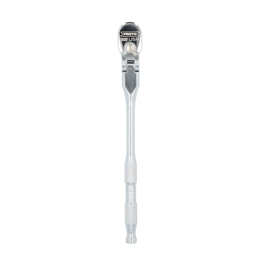 A silver Proto brand ratchet handle tool with a knurled grip and a flex head, displayed vertically against a white background.