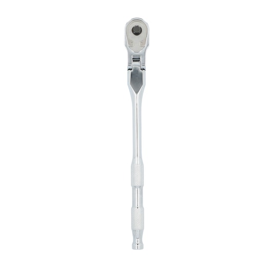 A silver, long-handled flexible-head ratchet tool, photographed upright against a white background.