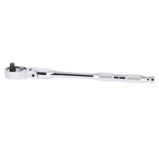 A chrome-finished ratchet wrench with a knurled grip, isolated on a white background.