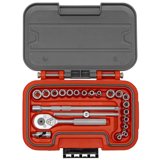 PROTO J47322S socket set in red and gray hard case, photographed from above showing sockets and ratchet.