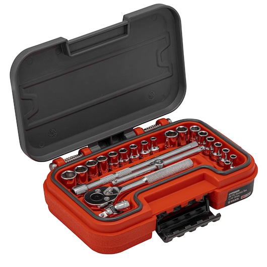 PROTO J47322S socket and ratchet set in open red and black case, showing multiple sockets and chrome tools, front angle.