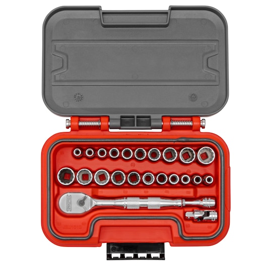 PROTO J47324AS socket set with ratchet and multiple sockets in a red and gray hard case, top view.