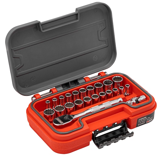 PROTO J47324AS socket set with ratchet in red carrying case, front angle on white background.
