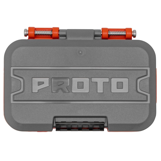 PROTO J47324AS gray and red hard plastic tool case, top view, with bold PROTO logo embossed on lid.