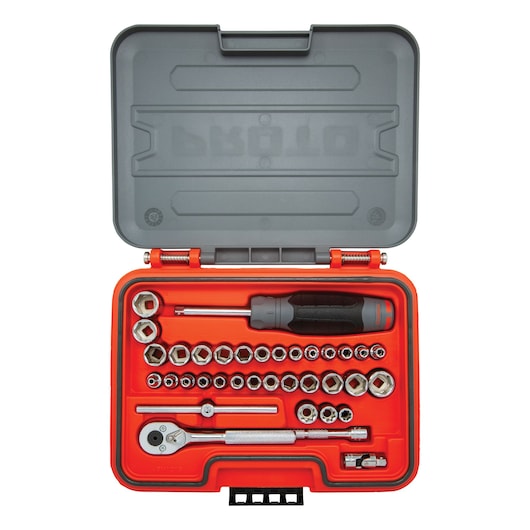 PROTO J47336S socket and ratchet set with screwdriver in gray and red case, top view.