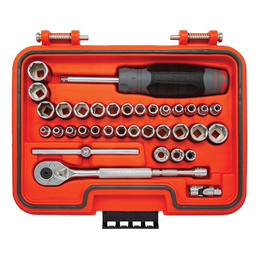 PROTO J47336S socket and ratchet set with screwdriver, multiple sockets, and accessories in orange case, top-down view.