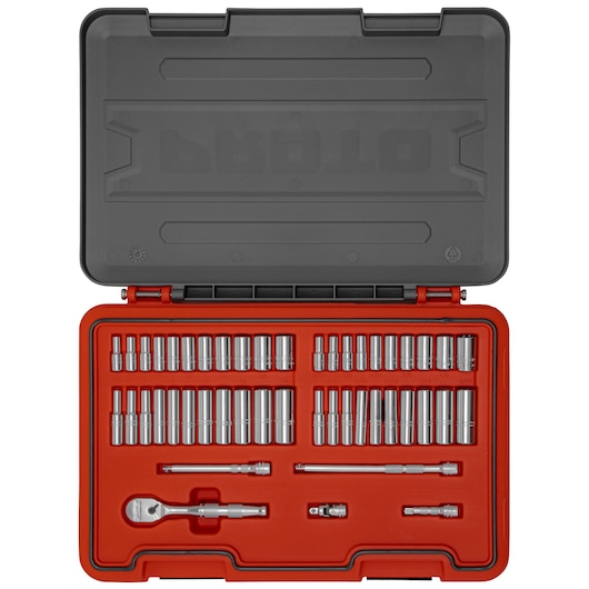 PROTO J47347AS socket and ratchet set with silver tools organized in a red hard case, top-down view.