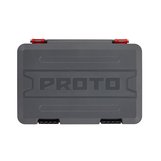 PROTO tool case in dark gray with red hinge details, front angle, SKU J47351S.