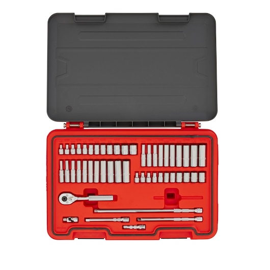 PROTO J47351S socket and ratchet set in red case, flat lay, with multiple sockets and accessories.