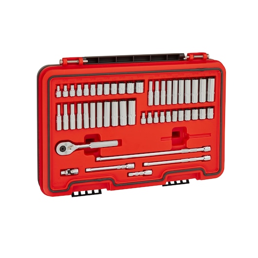 PROTO J47351S socket and ratchet set in red plastic carrying case, photography, front angle.