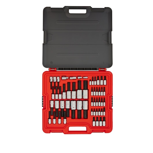 PROTO J47354 socket and bit set in red and black hard case, top view, showing multiple sizes and types.