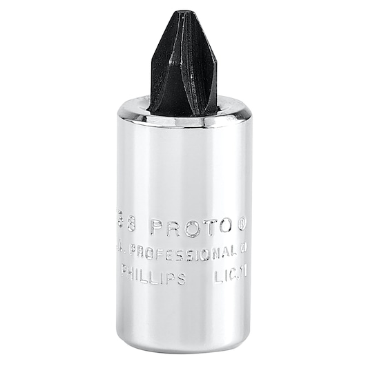 PROTO J4738 Phillips screwdriver bit socket, silver metal with black tip, front angle on white background.