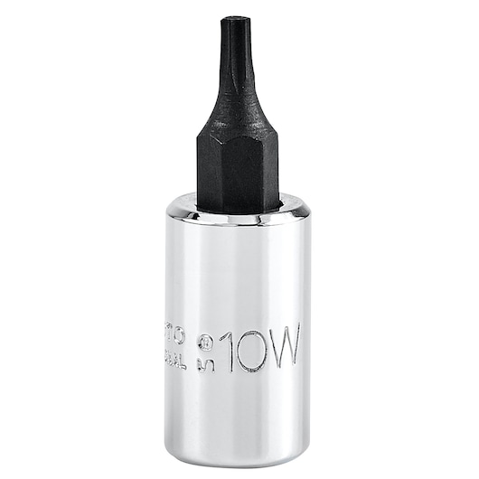PROTO J4739-10W hex bit socket with chrome finish and black hex bit, front angle on white background.
