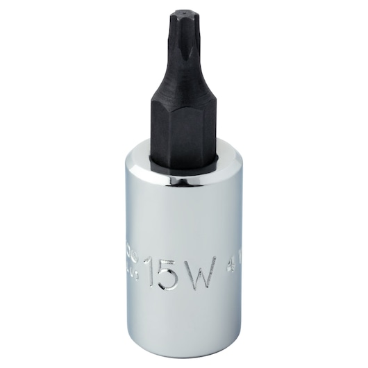 Photo of PROTO J4739-15W chrome and black Torx bit socket, upright on white background.