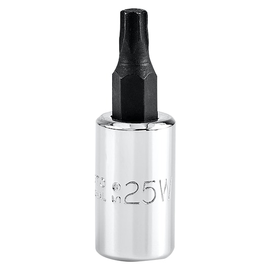 PROTO J4739-25W hex bit socket, chrome body with black hex tip, photography on white background.