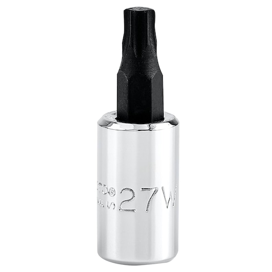 PROTO J4739-27W hex bit socket, chrome finish with black hex tip, front angle on white background.