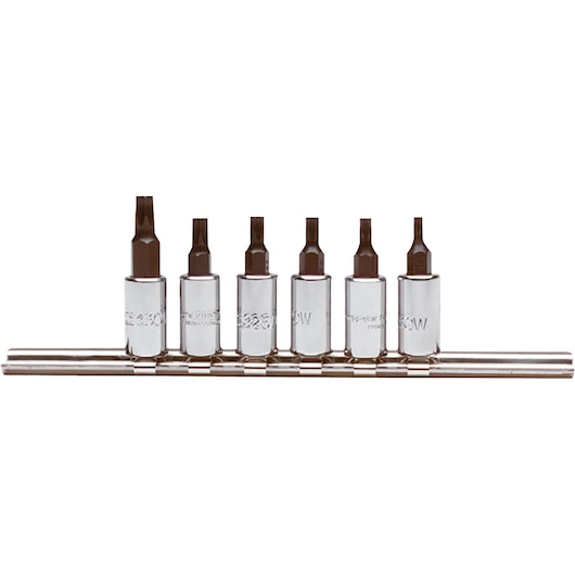 PROTO J4739C hex bit socket set, six pieces with brown hex tips, chrome bases, front angle, on metal rail.
