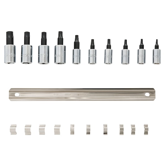 PROTO J4740C hex bit socket set with ten sockets, metal rail, and clips, top-down view on white background.