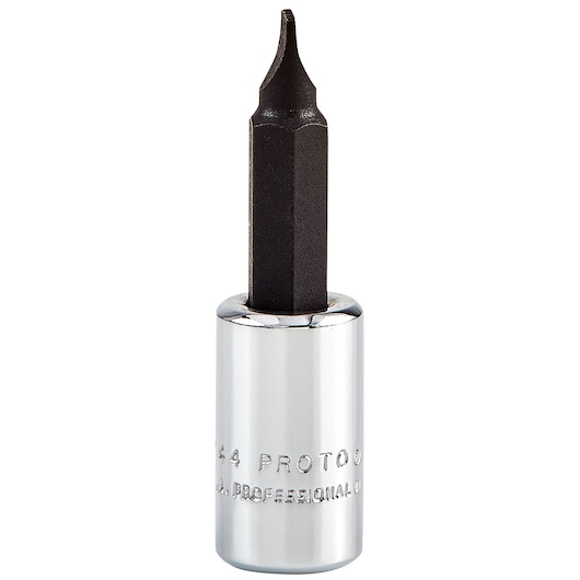 Photo of PROTO J4744 hex bit socket with chrome base and black hex bit, front angle on white background.