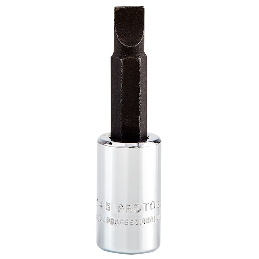 Photo of PROTO J4745 hex bit socket, chrome finish handle and black hex end, product on white background.
