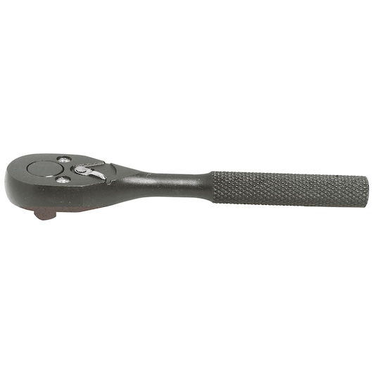 PROTO J4749BL black knurled handle ratchet, side view on white background, hand tool photo.
