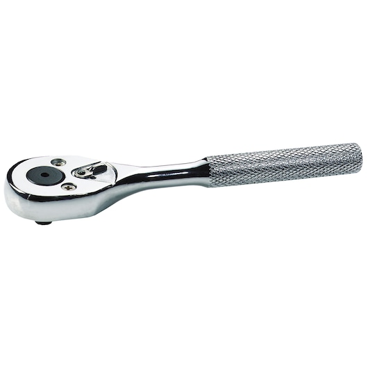 PROTO J4749HS chrome ratchet handle with knurled grip, tool photography, side angle on white background.