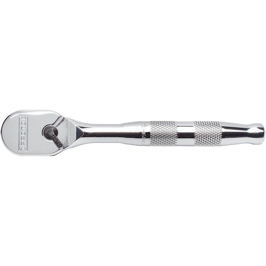 PROTO J4749HTC chrome ratchet handle, straight side angle, textured grip, white background.