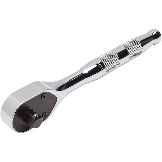 PROTO J4749HTC chrome ratchet wrench with knurled handle, shown at an angle on white background.
