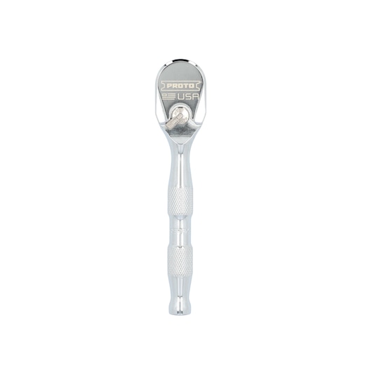 Photo of PROTO J4749MAX ratchet wrench, chrome finish, textured grip, front angle on white background.
