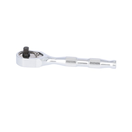 Photo of PROTO J4749MAX chrome ratchet with knurled handle, side angle on white background.