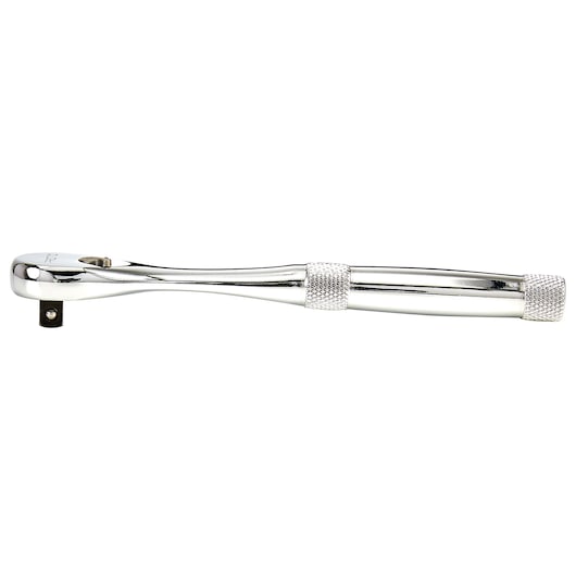 PROTO J4749XL chrome-finished ratchet wrench with knurled handle, side view, on white background.