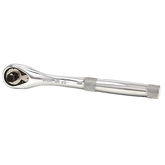 PROTO J4749XL chrome ratchet with knurled handle, side angle, on white background, hand tool category.