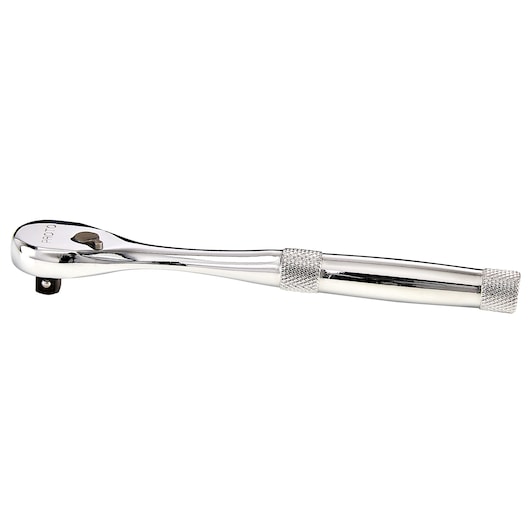 PROTO J4749XL chrome ratchet wrench, knurled grip, side view, on white background.