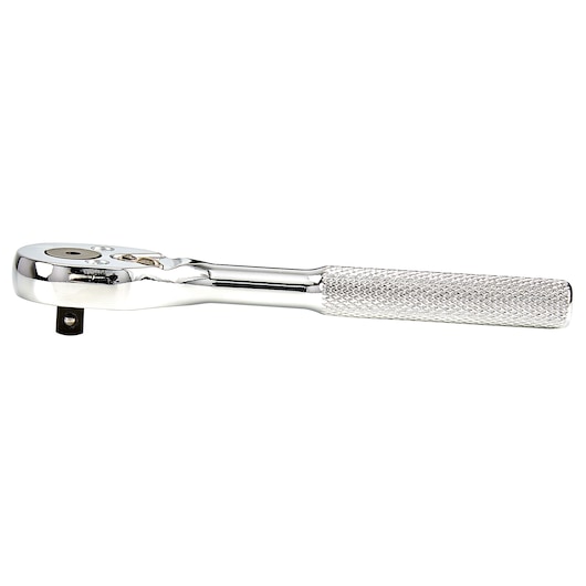 PROTO J4749 chrome hand ratchet with knurled handle, side view on white background.