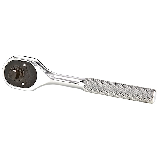 PROTO J4749 chrome ratchet with knurled handle, side angle, white background.