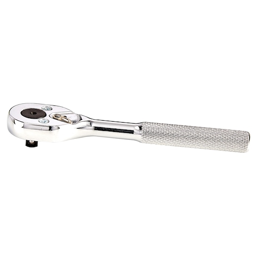 PROTO J4749 chrome hand ratchet with knurled handle, side view on white background.