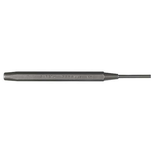 PROTO J475-16X1-8 long, slender steel pin punch tool, side view, with engraved safety message, white background.