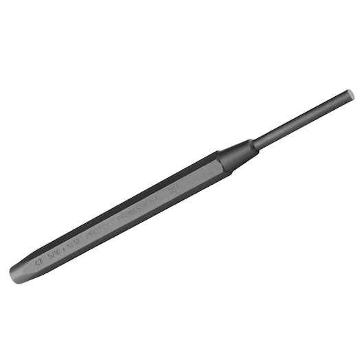 PROTO J475-16X5-32 steel pin punch tool, hexagonal handle, black finish, side angle, on white background.