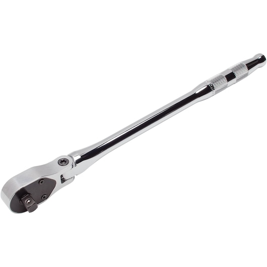 PROTO J4750HTCF chrome-finish ratchet with knurled handle, side angle on white background.