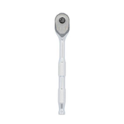 A silver ratchet wrench with a textured handle, positioned vertically against a white background.