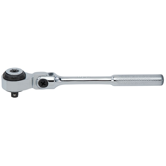 PROTO J4757F chrome finish flex-head ratchet tool, knurled handle, photography, side angle, white background.