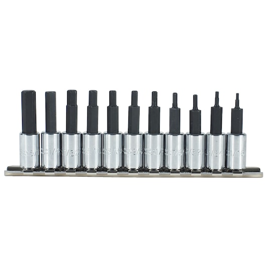 PROTO J4770-11 hex bit socket set with 11 pieces on a metal rail, chrome and black finish, front angle.