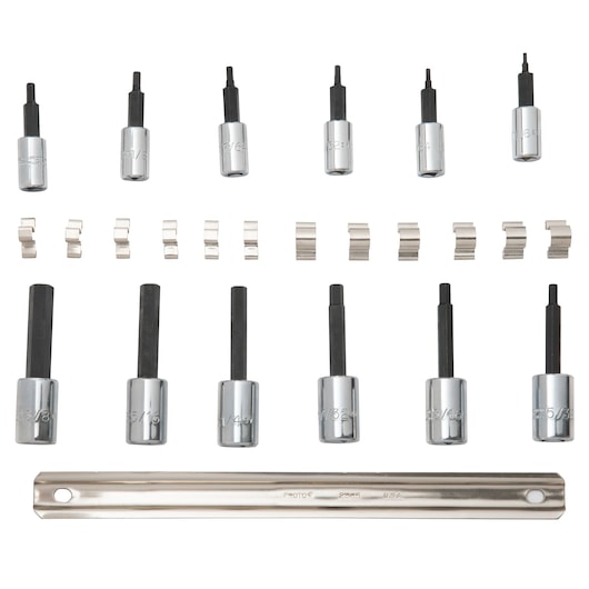PROTO J4770-12 hex bit socket set with rail, 12 sockets, clips, chrome finish, front angle, photography
