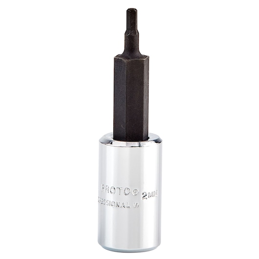 PROTO hex bit socket J4770-2M, silver and black, product photography, front view on white background.