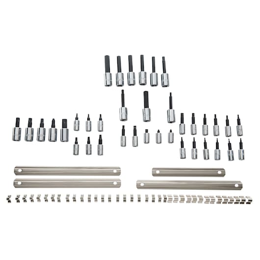 PROTO J4770-37 chrome bit socket set with holders, photography on white background, frontal angle.