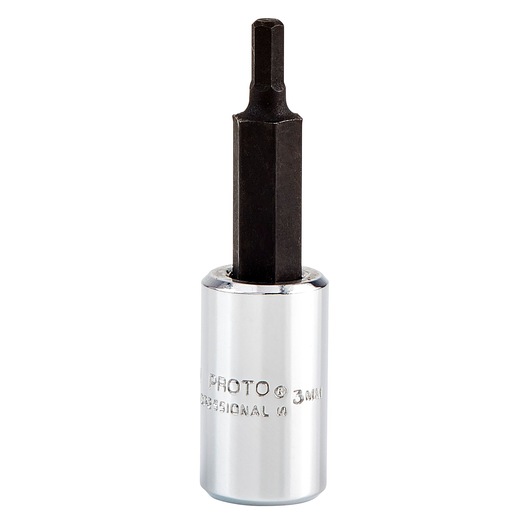 PROTO J4770-3M hex bit socket, 3mm, chrome finish, black hex end, product photo on white background.
