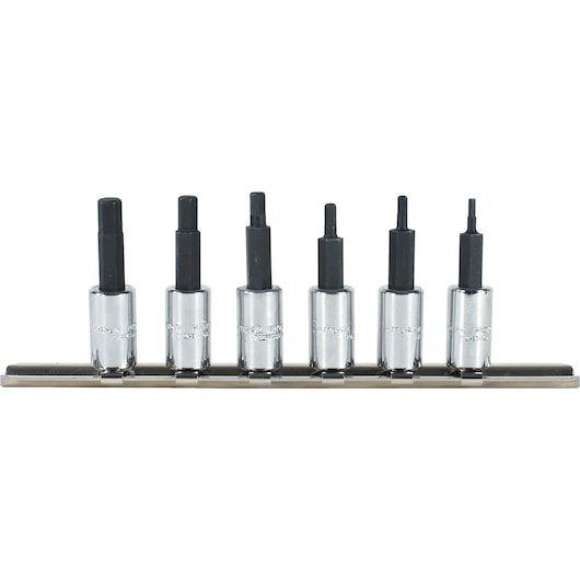 PROTO J4770-6 hex bit socket set, six-piece, chrome and black finish on rail, front view, white background.