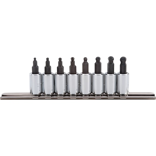 PROTO J4770-8B set of eight chrome socket bit drivers on rail, front view, with black hex bits.