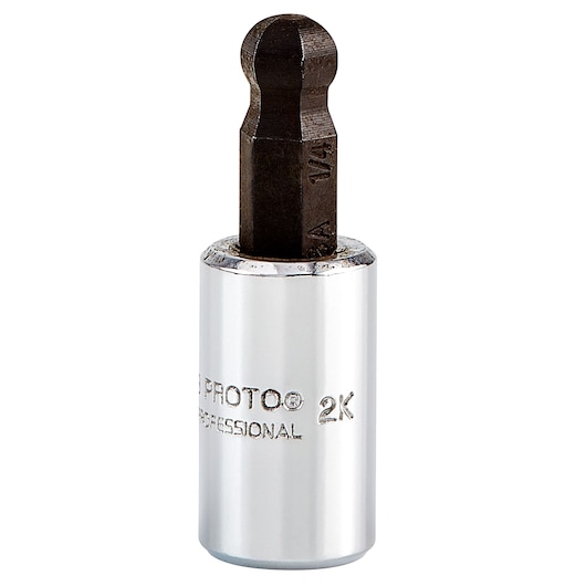 Photo of PROTO J47701-4B hex bit socket with chrome body and black hex end, front angle on white background.